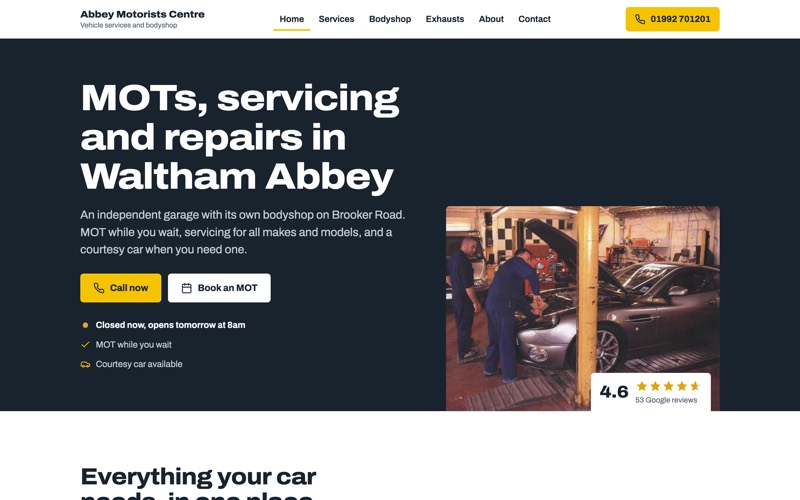 Abbey Motorists Centre concept website: home page with the headline “MOTs, servicing and repairs in Waltham Abbey” beside a photo of the workshop (opens in a new tab)
