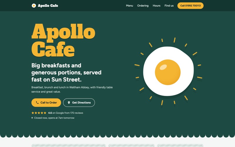 Apollo Cafe concept website: green home page with a fried egg illustration and the line “Big breakfasts and generous portions, served fast on Sun Street” (opens in a new tab)