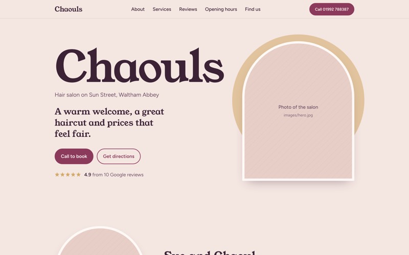 Chaouls concept website: pink home page for the hair salon on Sun Street, Waltham Abbey, with buttons to call to book and get directions (opens in a new tab)