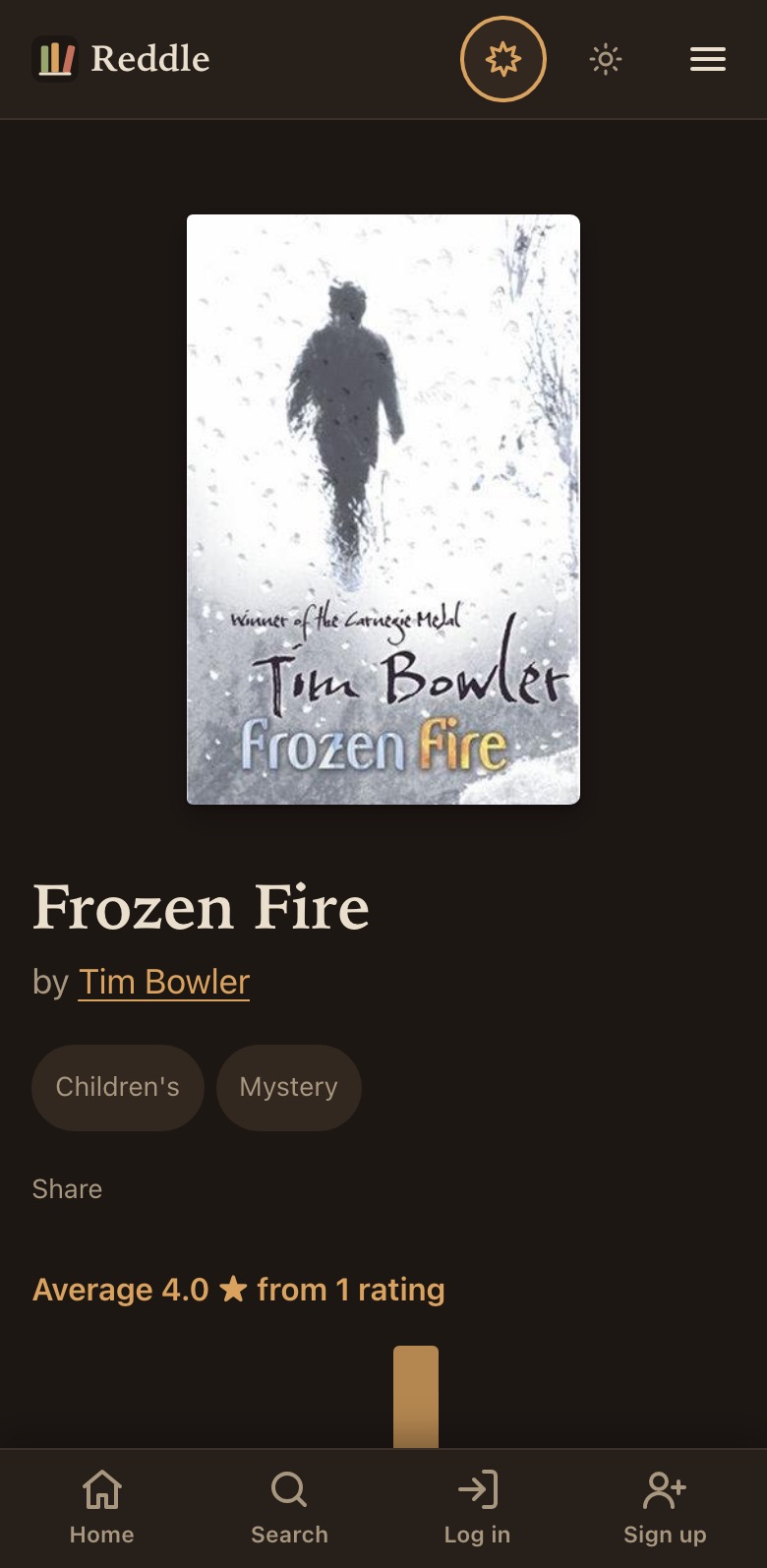 Reddle book page for Frozen Fire by Tim Bowler, showing its genres and an average score of 4 stars with a ratings chart