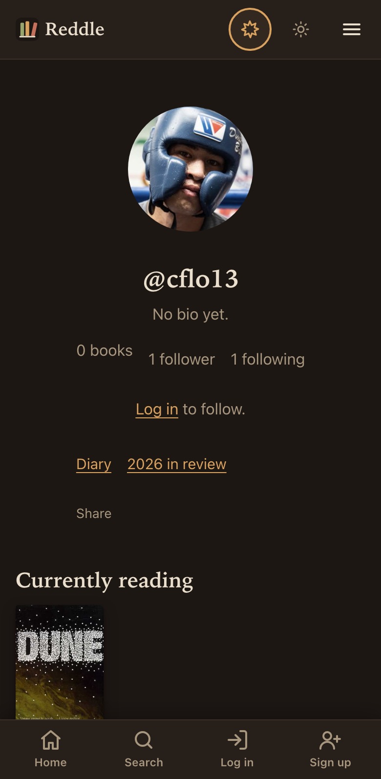 Reddle profile page with a profile picture, follower and following counts, and Dune under currently reading