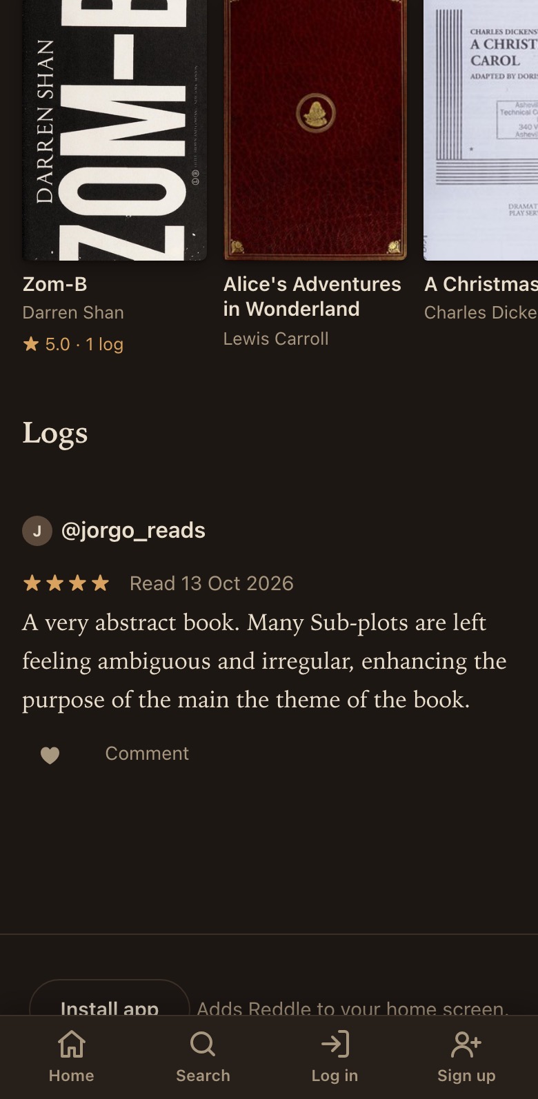 A four star review of Frozen Fire on Reddle, with the date it was read and options to like and comment